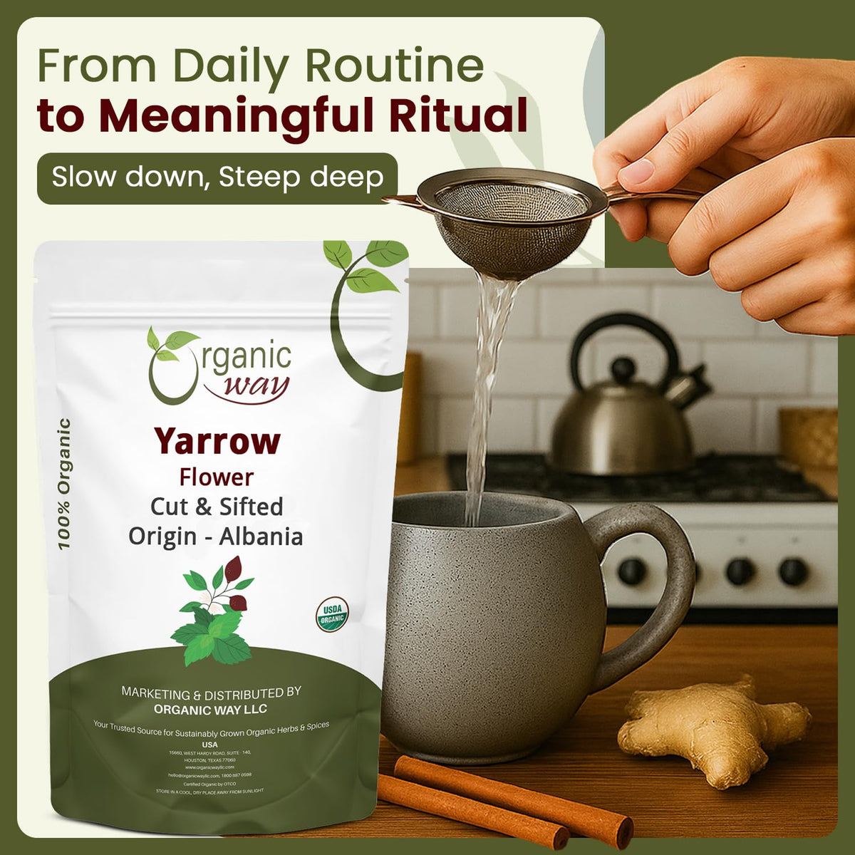 Organic Way Yarrow Flower loose leaf look ideal for blends and infusions.