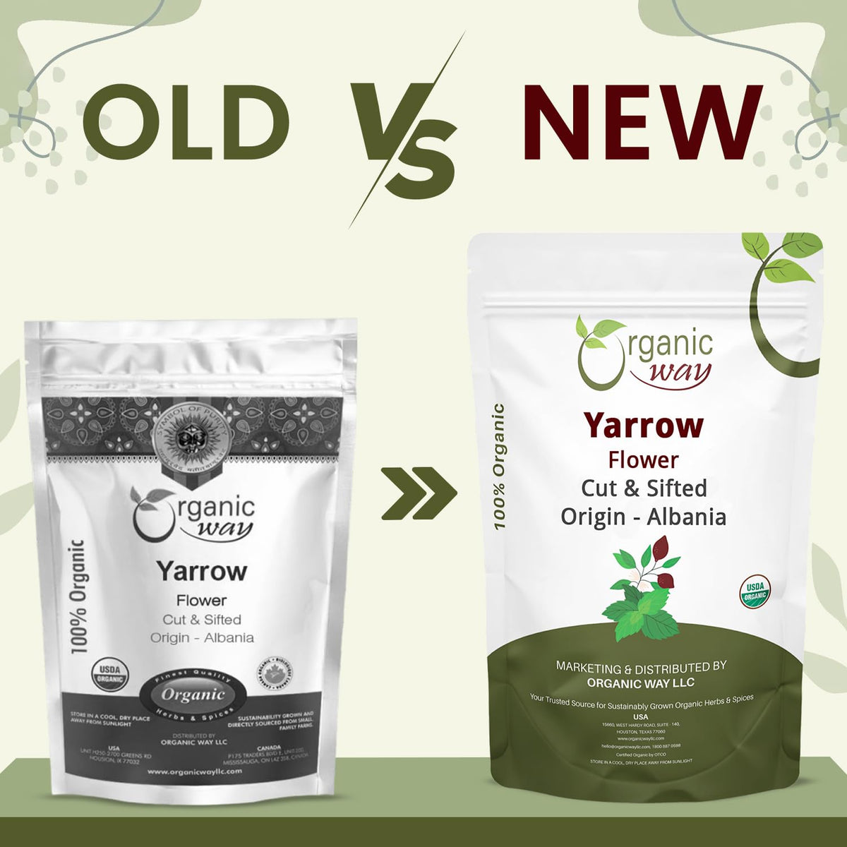 Organic Way Yarrow Flower packaging highlights organic, Kosher and non-GMO quality.