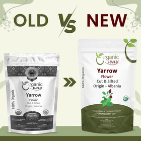 Organic Way Yarrow Flower packaging highlights organic, Kosher and non-GMO quality.