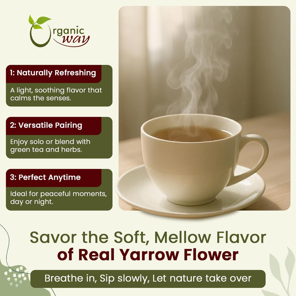 Organic Way Yarrow Flower tea brew steep releasing mild, comforting flavor.