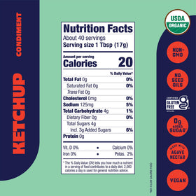Organicville Organic Ketchup bottle beside gluten-free label and agave icon