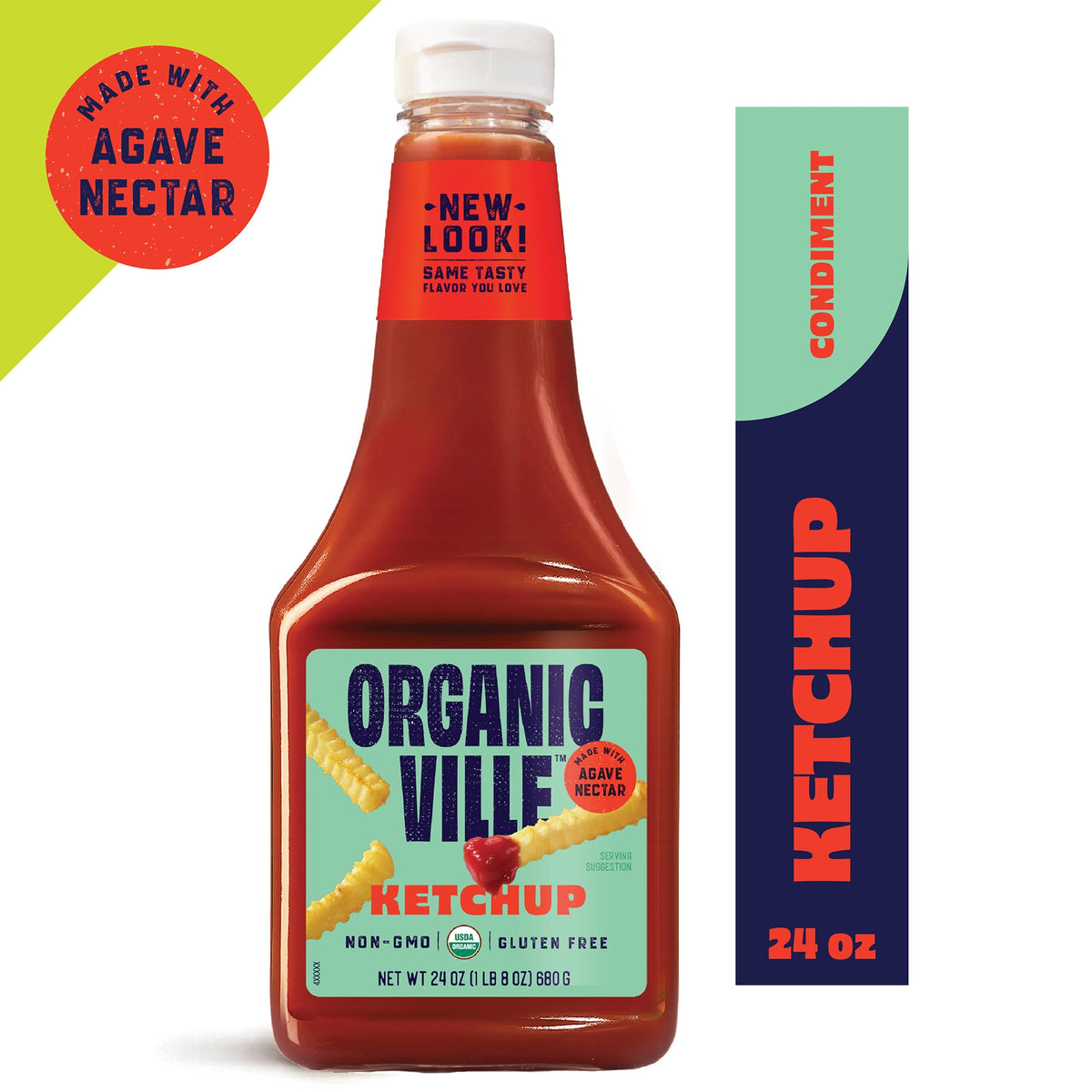 Organicville Organic Ketchup on a hot dog with vibrant tomato finish