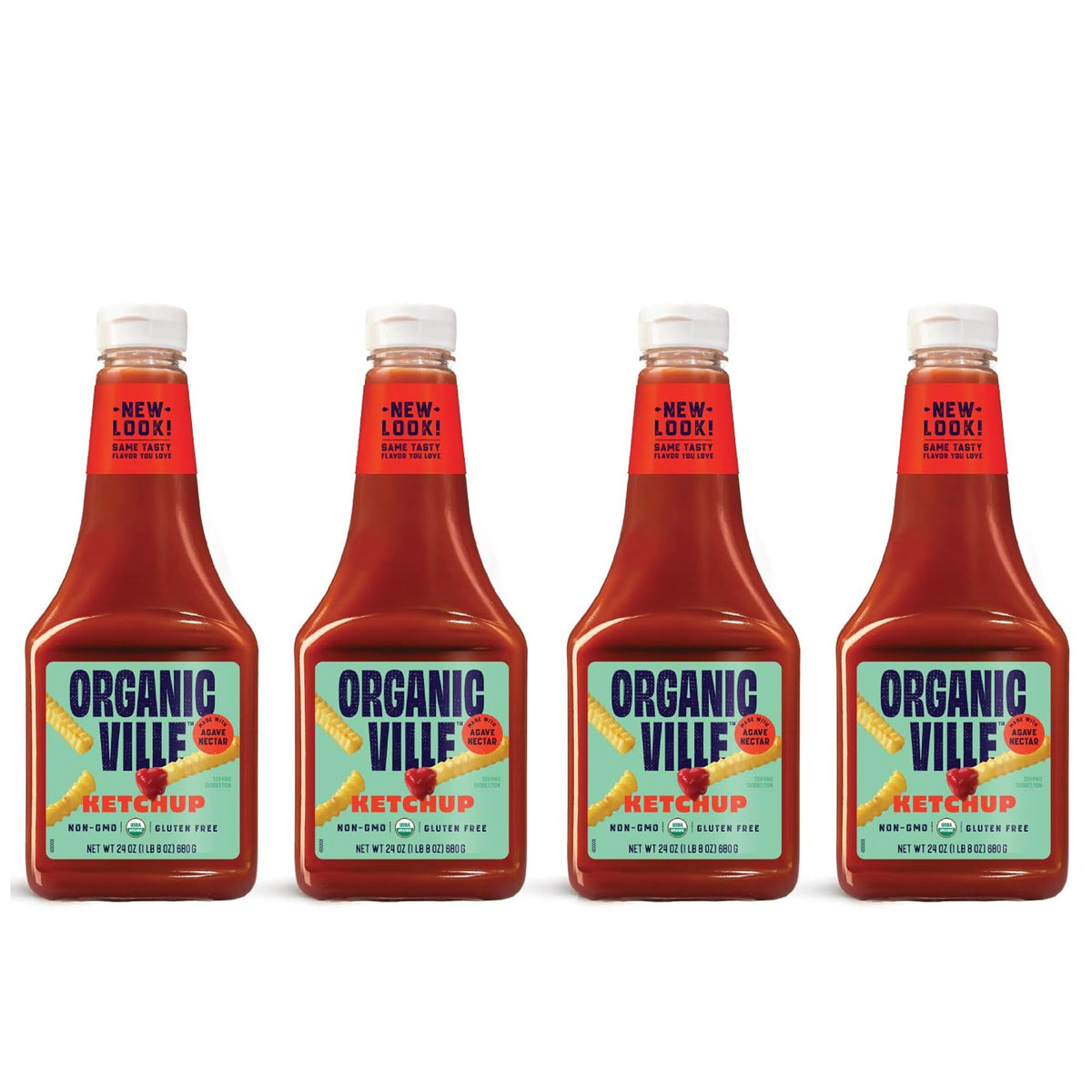 Organicville Organic Ketchup bottle pouring over a burger for topping
