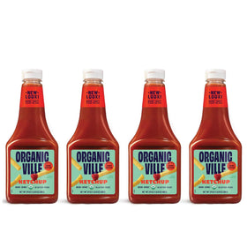 Organicville Organic Ketchup bottle pouring over a burger for topping