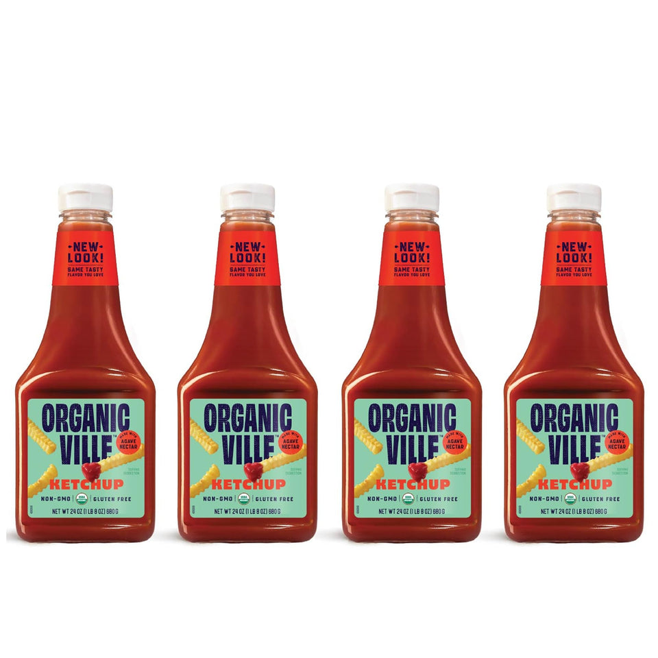 Organicville Organic Ketchup bottle pouring over a burger for topping