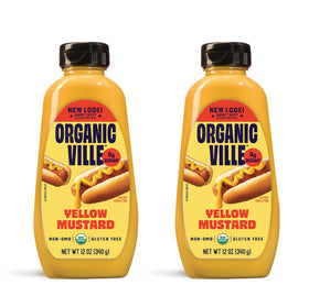 Organicville Yellow Mustard bottle front, great for sandwiches and burgers.