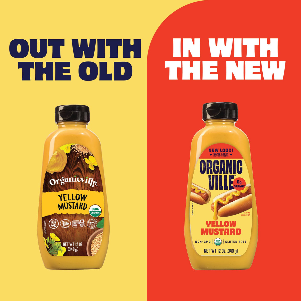 Close-up of Organicville Yellow Mustard label highlighting organic ingredients.