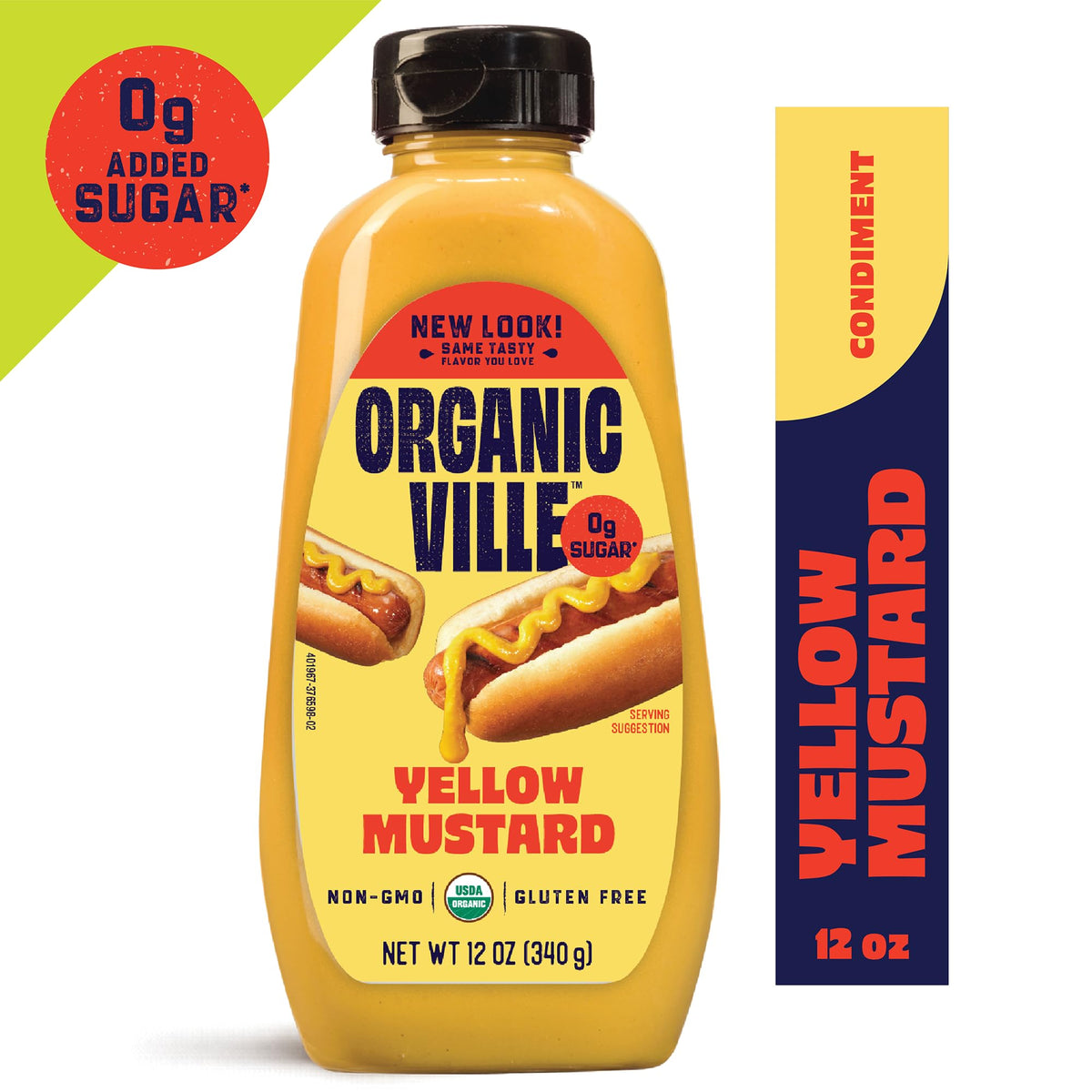 Mustard pours from Organicville bottle onto a fresh sandwich.