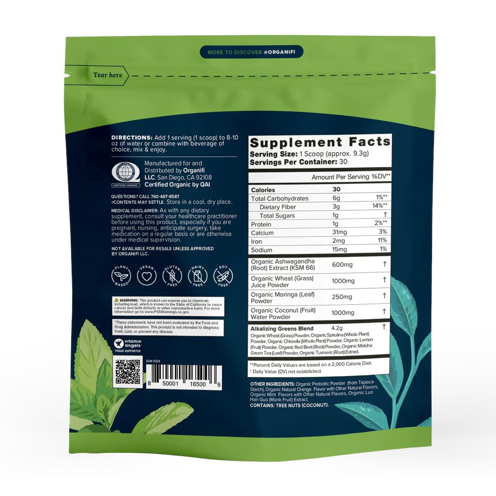 Organifi Green Juice Powder scoop beside bottle for quick mix.