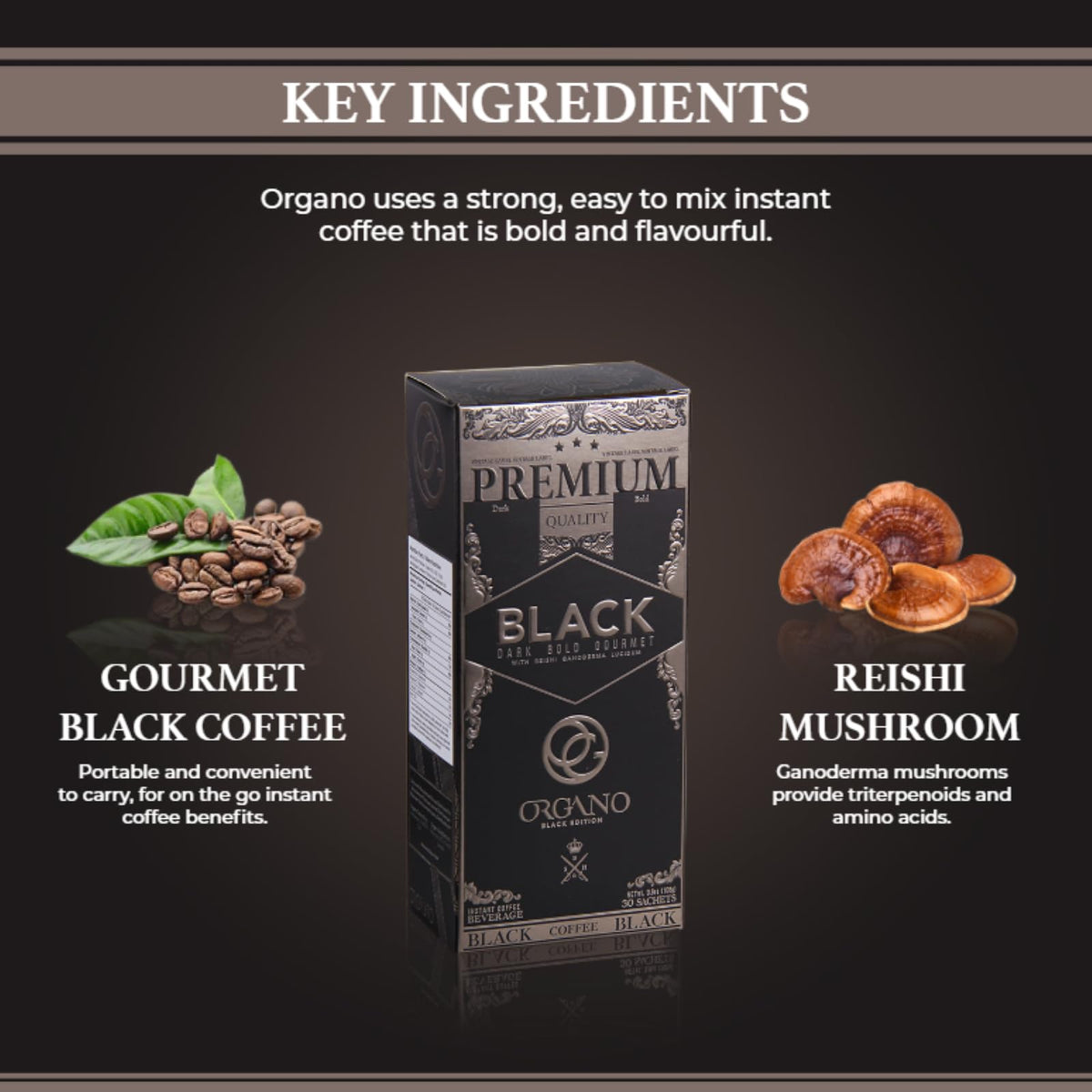 ORGANO Ganoderma lucidum powder visual shows earthy depth.