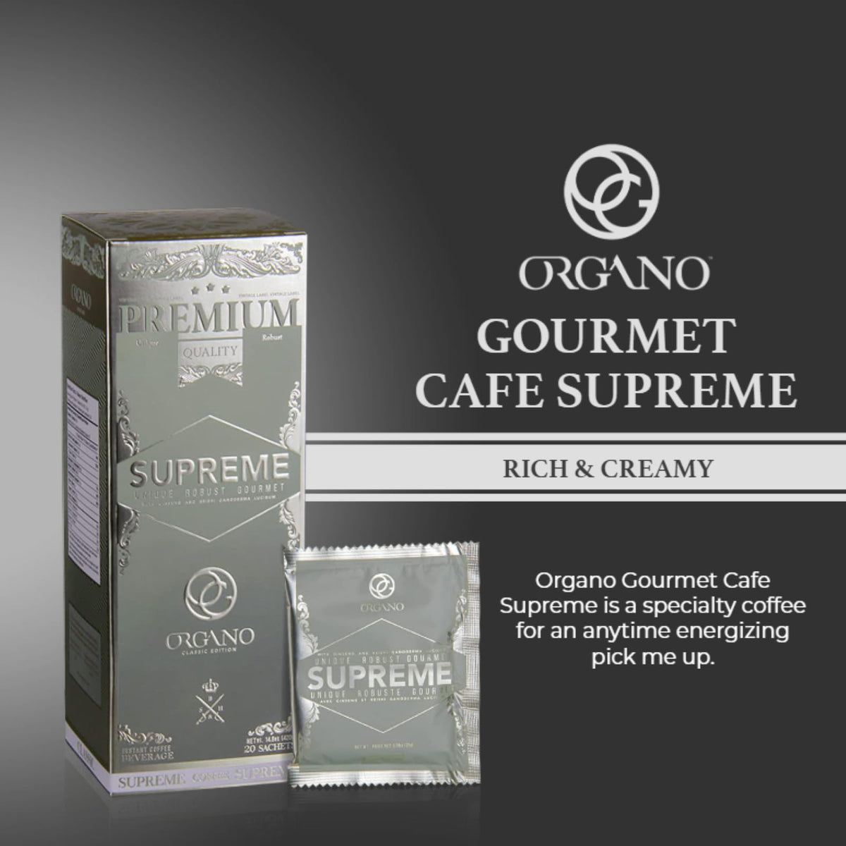 Organo Gold Cafe Supreme cup steaming with rich aroma and creamy finish.