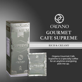 Organo Gold Cafe Supreme cup steaming with rich aroma and creamy finish.