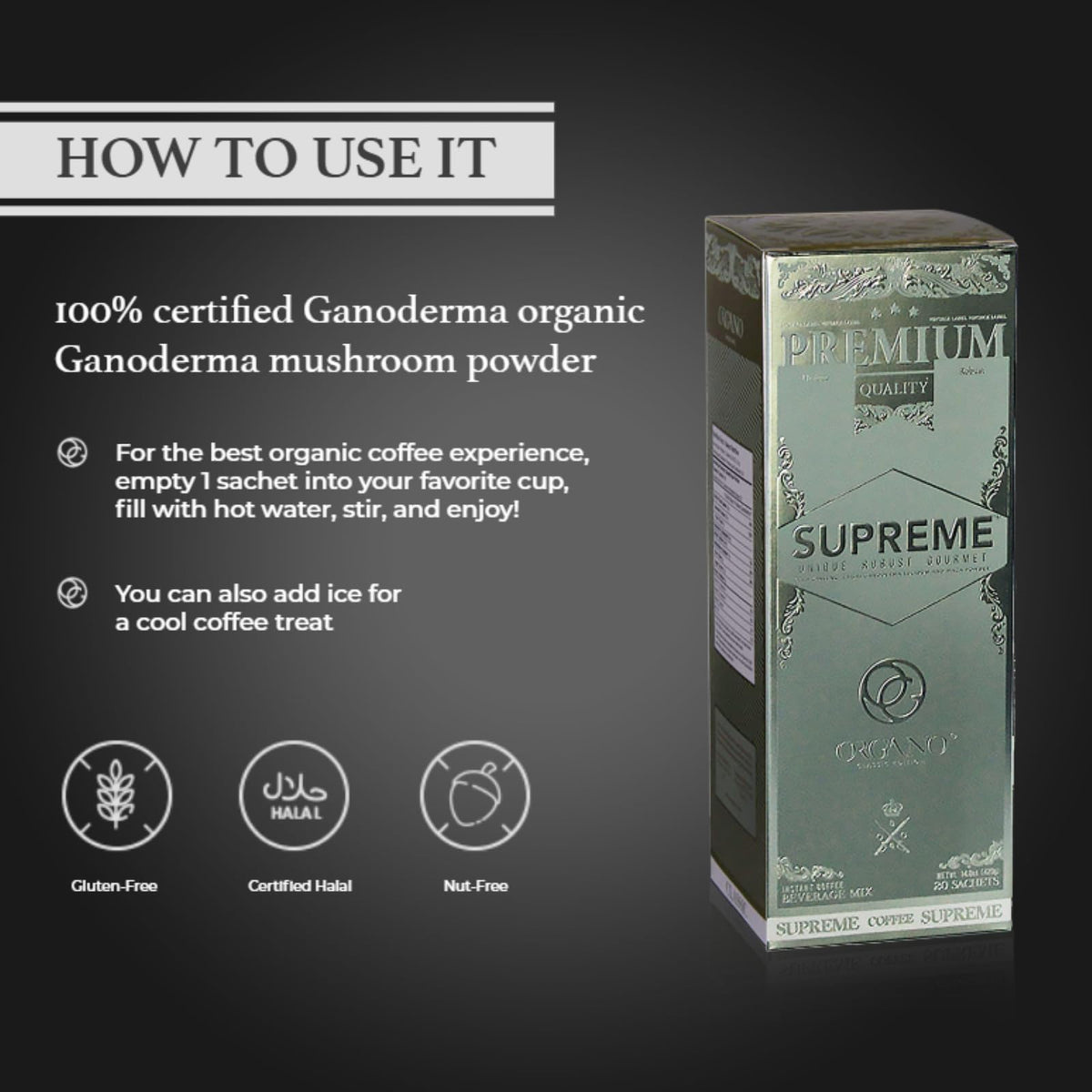 Organo Gold Cafe Supreme dairy-free cream-mix packet for a smooth texture.