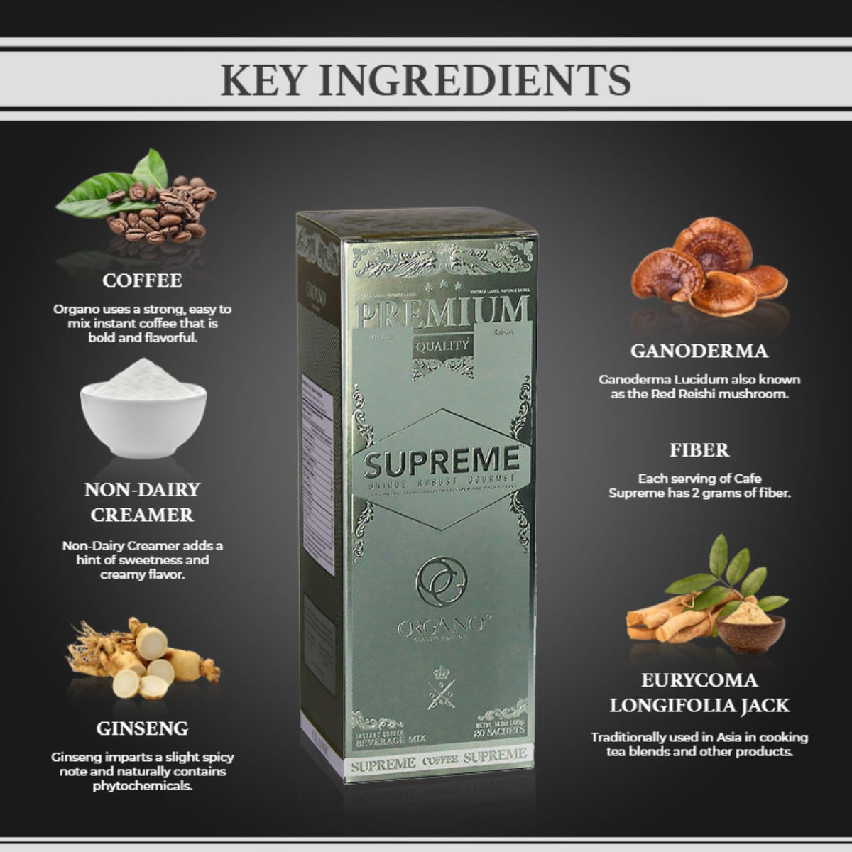 Organo Gold Cafe Supreme ganoderma powder detail showing premium ingredients.