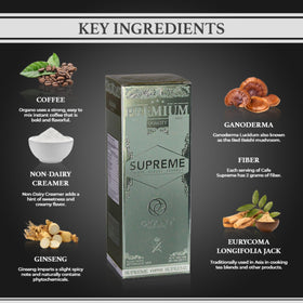 Organo Gold Cafe Supreme ganoderma powder detail showing premium ingredients.