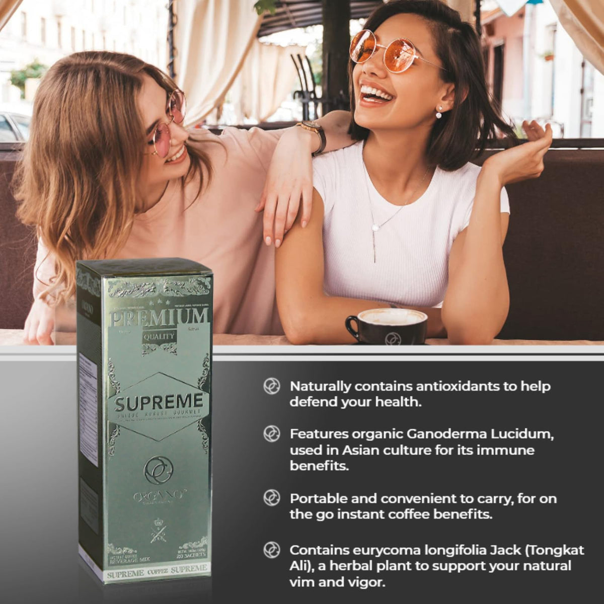 Organo Gold Cafe Supreme iced beverage served in a glass.
