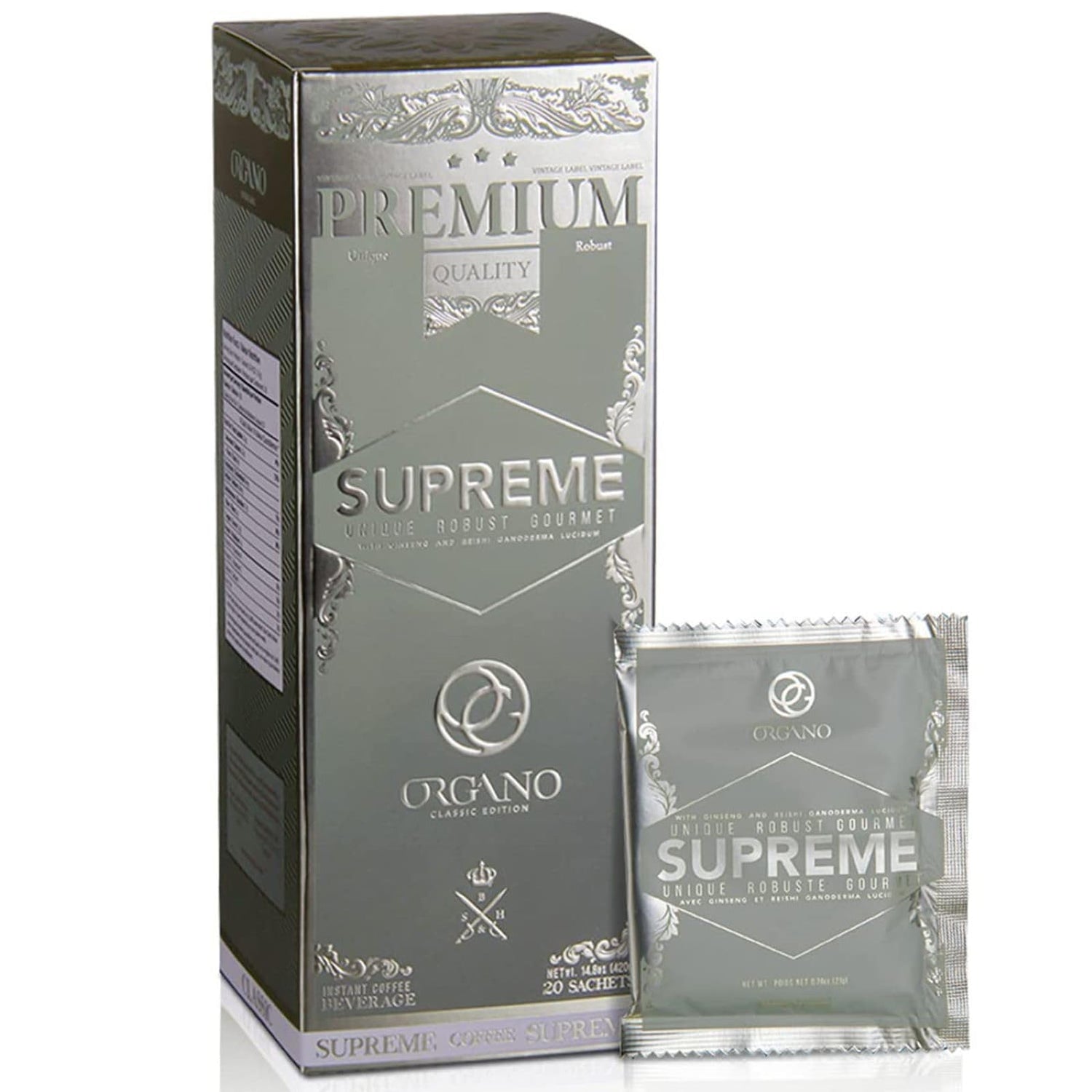 Organo Gold Cafe Supreme sachets close-up showing convenient single-serve portions.