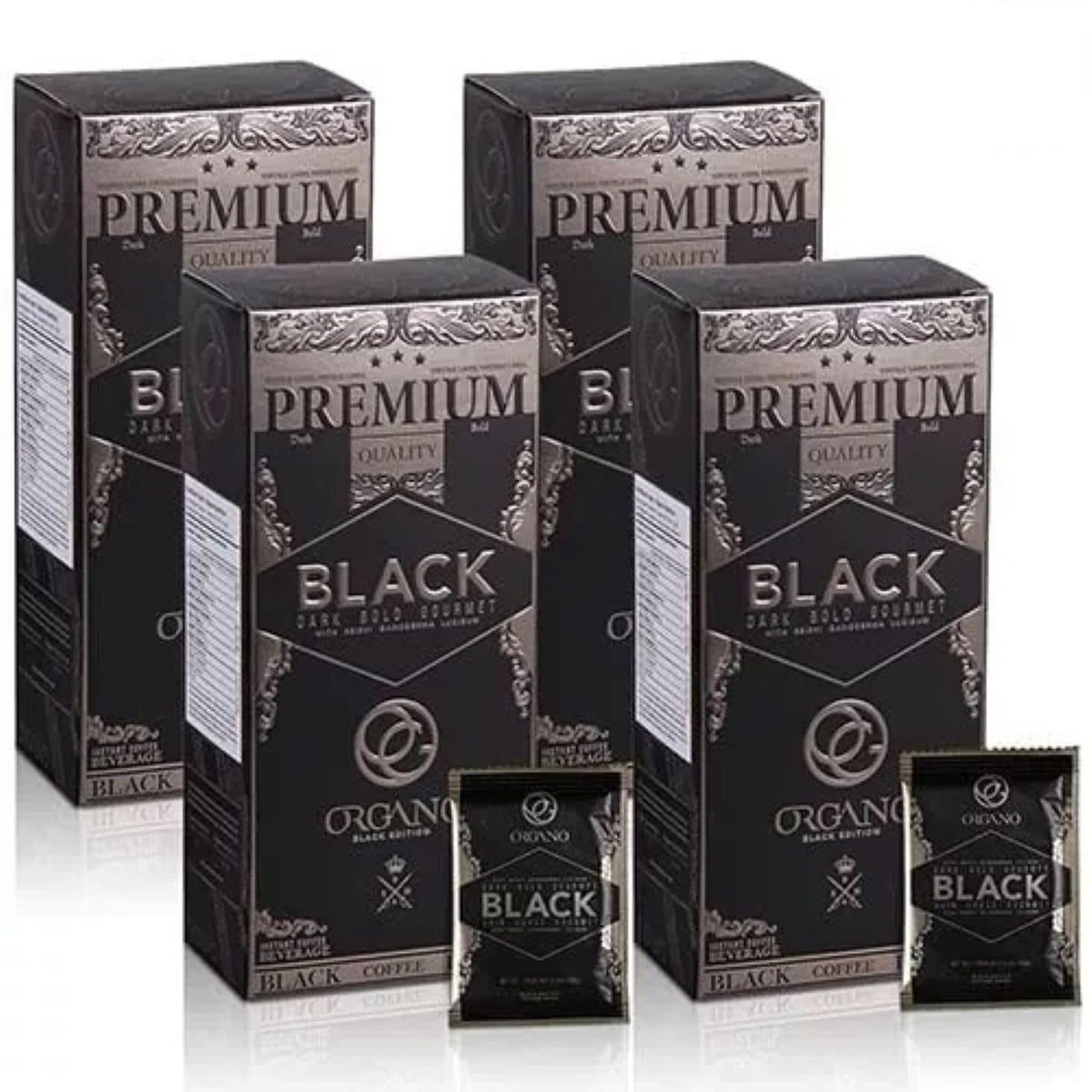 ORGANO Gourmet Black Coffee boxes showcase four-pack packaging for easy home brewing.