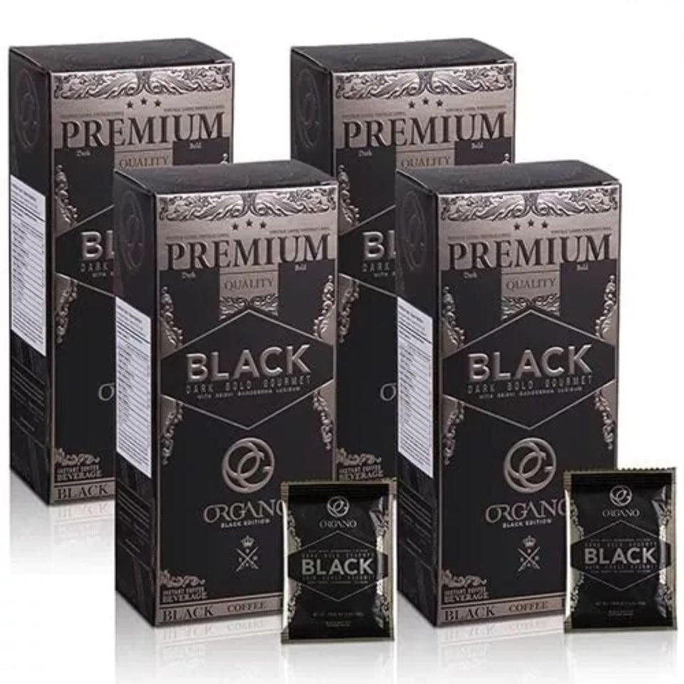 ORGANO Gourmet Black Coffee boxes showcase four-pack packaging for easy home brewing.