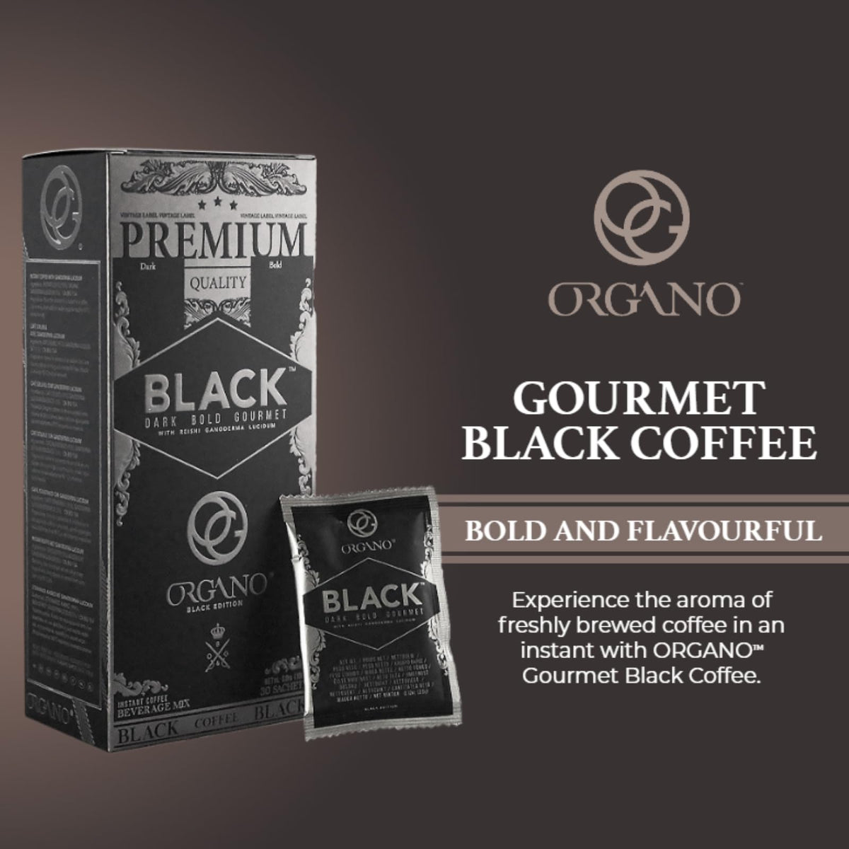 ORGANO Gourmet Black Coffee cup steaming with bold aroma.