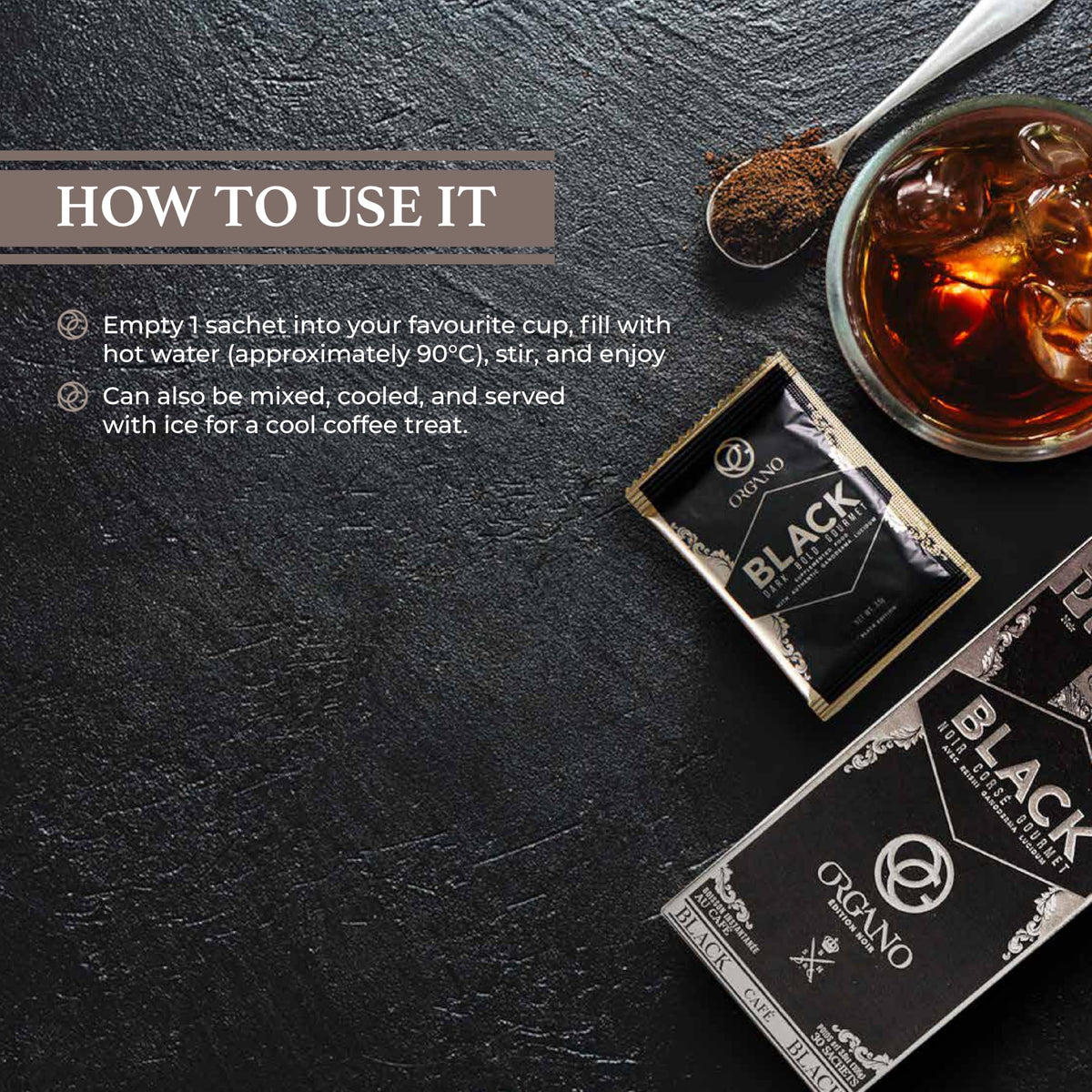 ORGANO Gourmet Black Coffee on a desk suggests a focused morning ritual.