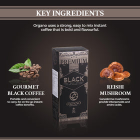 ORGANO Gourmet Black Coffee close-up showing ganoderma powder and earthy depth