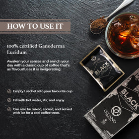 ORGANO Gourmet Black Coffee instant mix for quick cups.