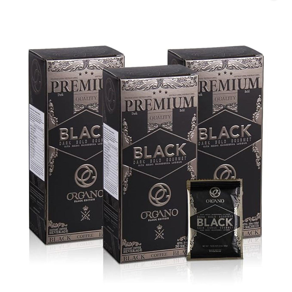 Organo Gourmet Black Coffee pack front showing three box set for daily brewing