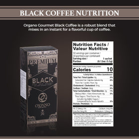 ORGANO Gourmet Black Coffee packaging box highlighting 30 sachets.