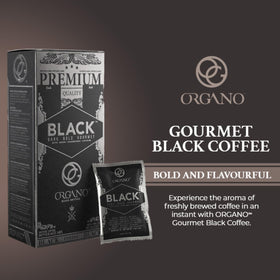 ORGANO Gourmet Black Coffee packaging and 3-box display.