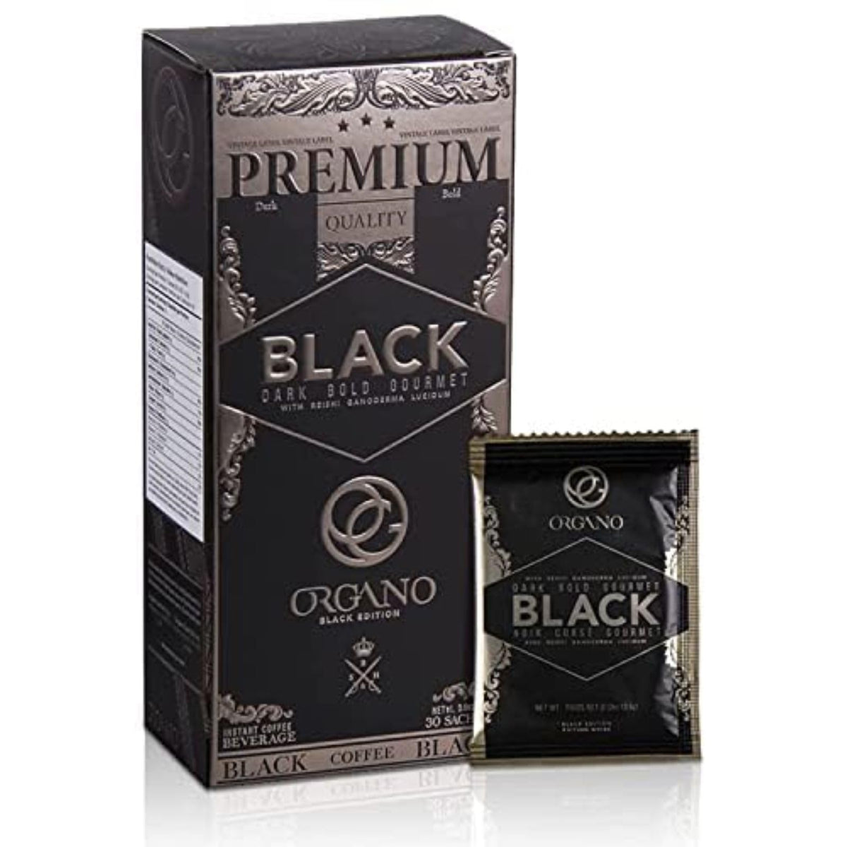 ORGANO Gourmet Black Coffee sachet pack for convenient single-serve flavor.