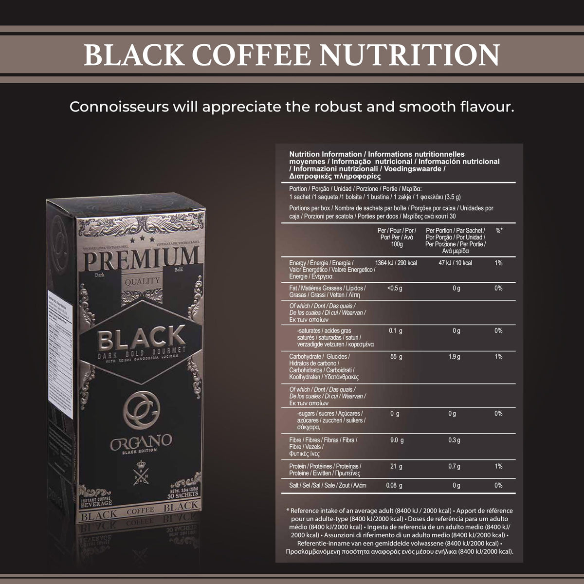 ORGANO Gourmet Black Coffee sachets ready instant preparation with hot water.