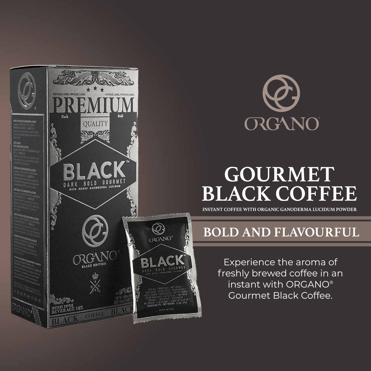 ORGANO Gourmet Black Coffee steaming cup reveals bold aroma and smooth taste.