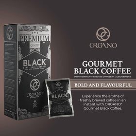 ORGANO Gourmet Black Coffee steaming cup reveals bold aroma and smooth taste.
