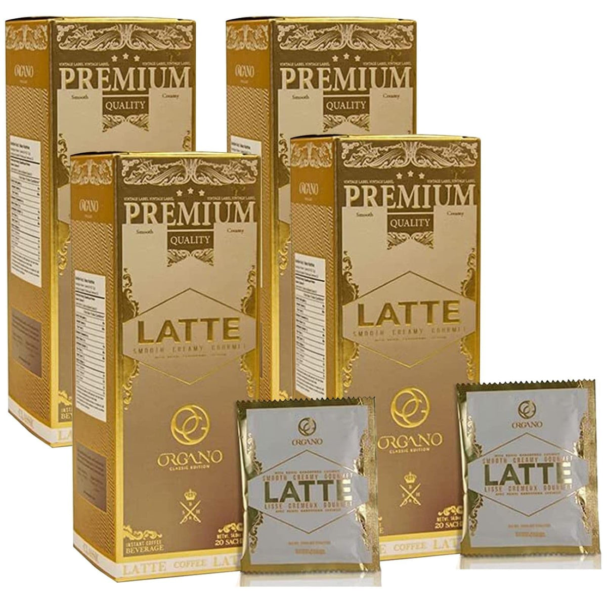 ORGANO Gourmet Cafe Latte box front with sachets for quick caffeine boost.