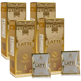 ORGANO Gourmet Cafe Latte box front with sachets for quick caffeine boost.