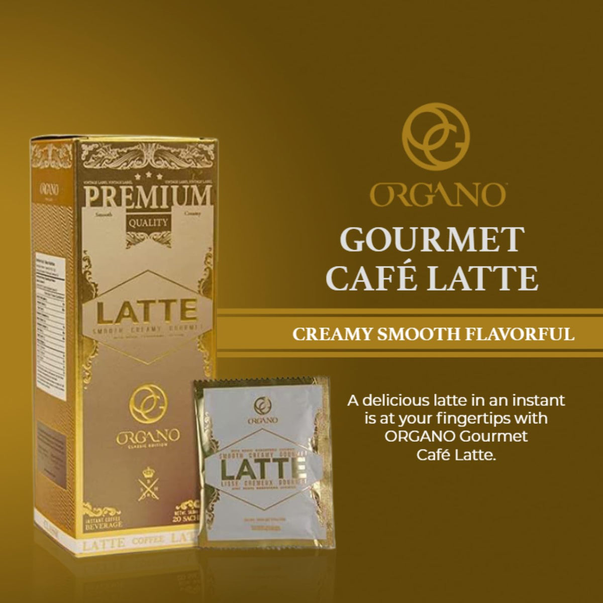 ORGANO Gourmet Cafe Latte box side highlighting packaging and 80 sachets for daily use.
