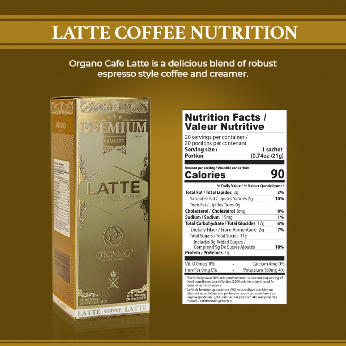 Two boxes of ORGANO Gourmet Café Latte sachets on a kitchen shelf