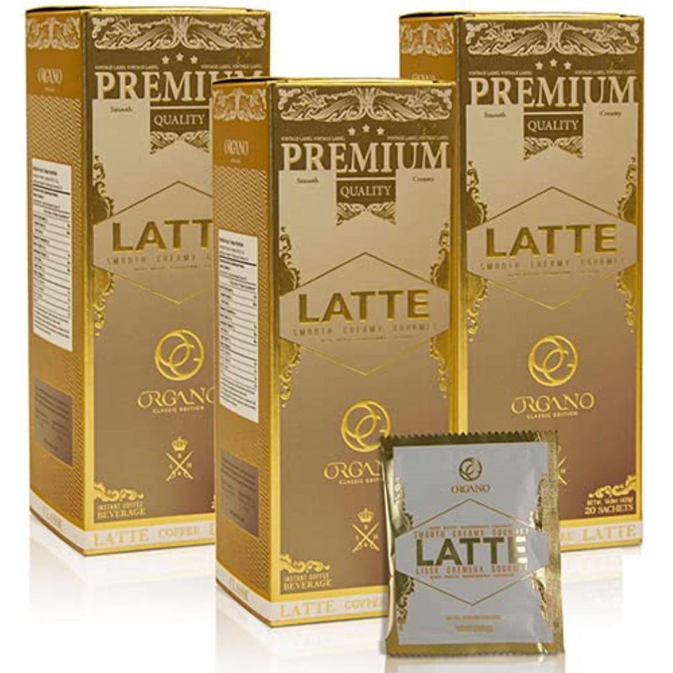 ORGANO Gourmet Cafe Latte boxes show the 3-box set for easy mornings