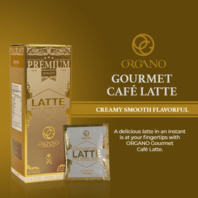 Organo Gourmet Cafe Latte creamy sachet demonstrates a dairy-free whitener for a silky latte.