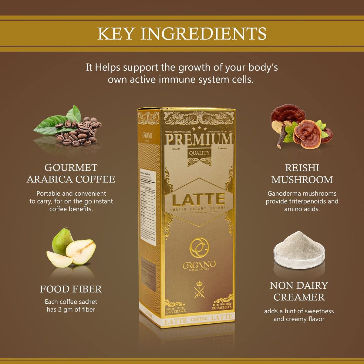 ORGANO Gourmet Cafe Latte cup steaming with creamy aroma