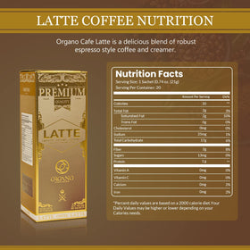 ORGANO Gourmet Cafe Latte ingredients close-up featuring Ganoderma and dairy blend
