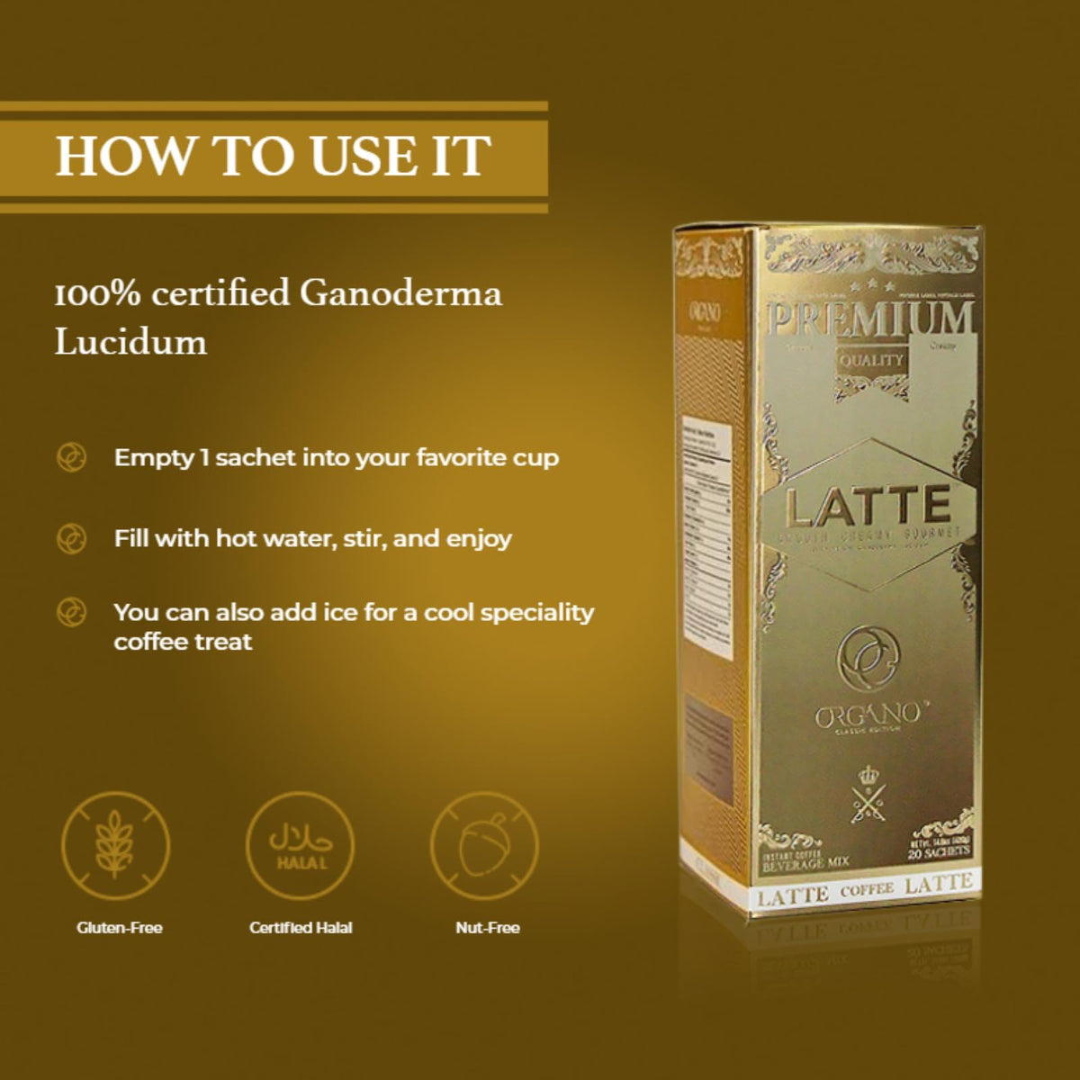 ORGANO Gourmet Cafe Latte on a desk for a quick morning pick-me-up.