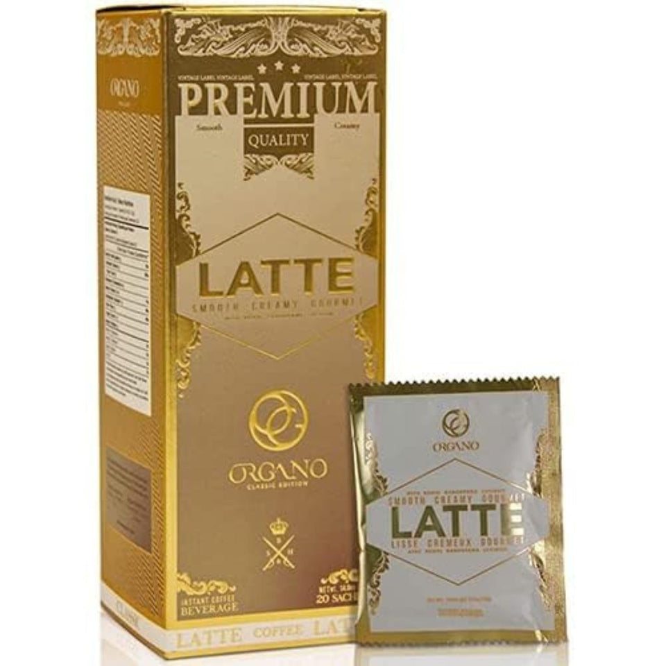 ORGANO Gourmet Cafe Latte packaging showing 20 sachets for freshness