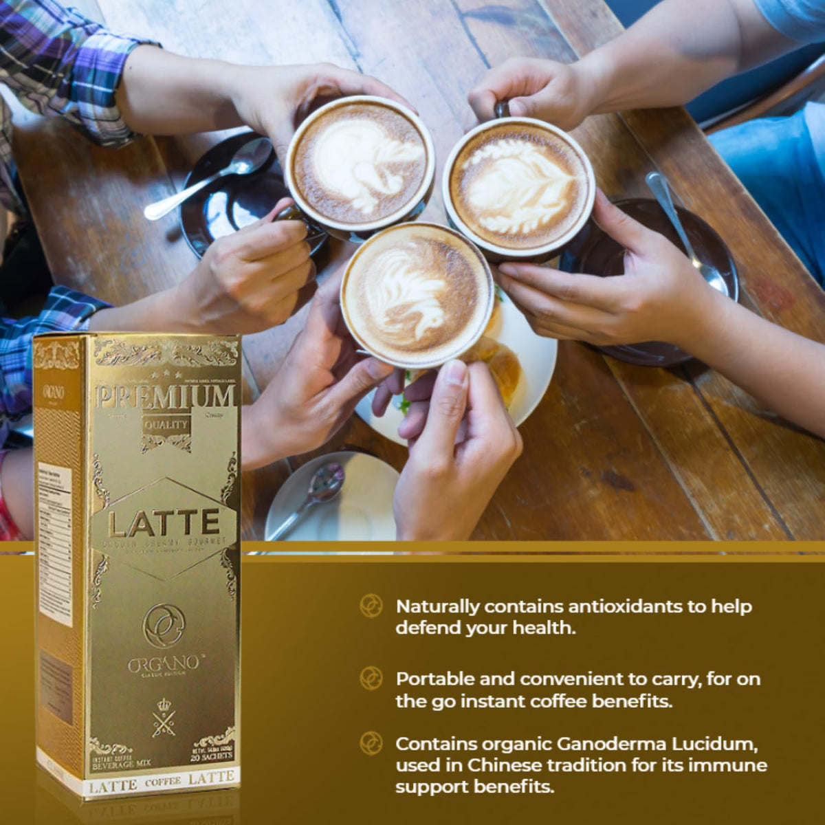 ORGANO Gourmet Cafe Latte ready-to-serve cup showing creamy texture.