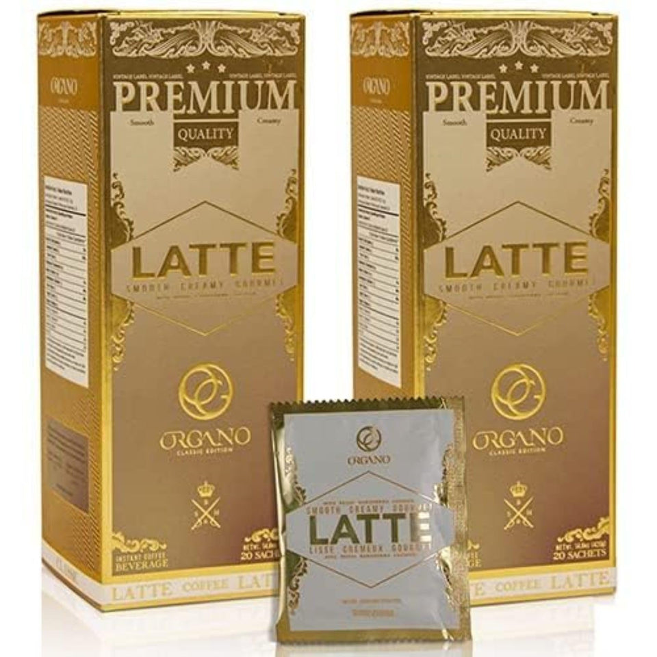 ORGANO Gourmet Café Latte sachet close-up showing premium blend and convenience