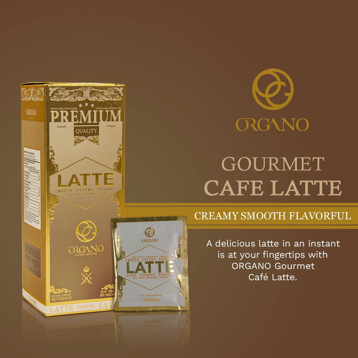 ORGANO Gourmet Cafe Latte sachets in a 60-pack for quick lattes