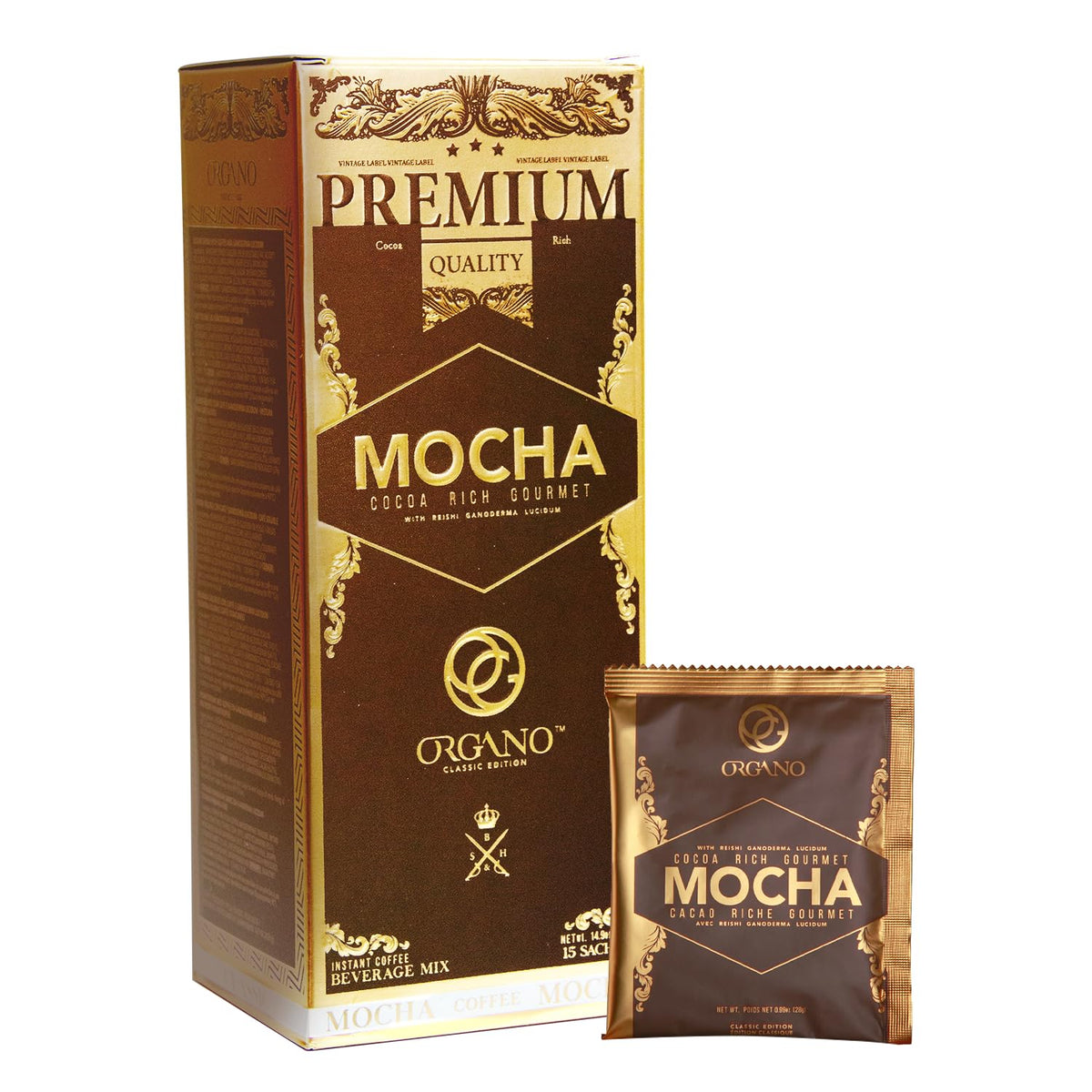 ORGANO Gourmet Cafe Mocha box front showing the product packaging and sachets