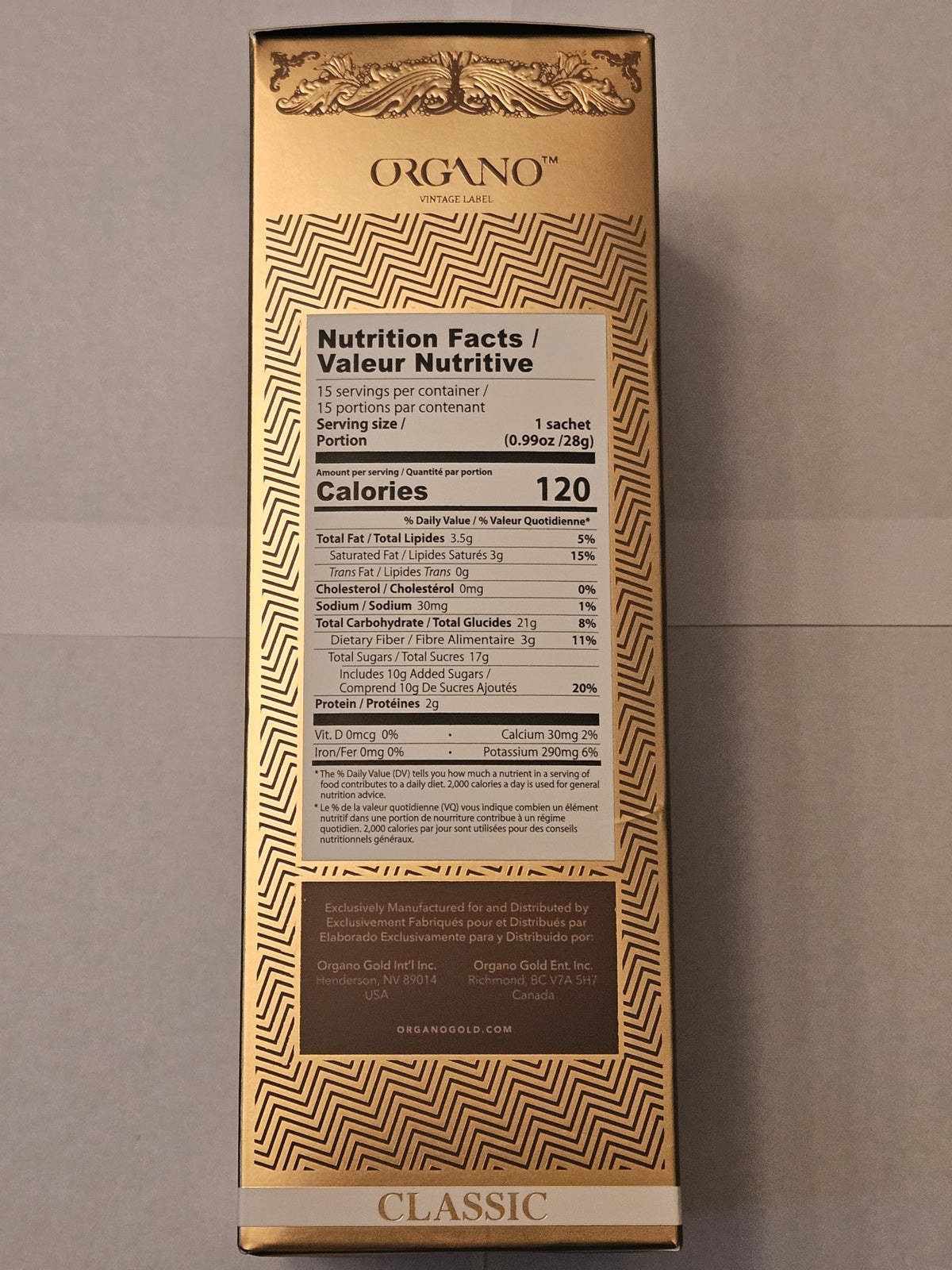ORGANO Gourmet Cafe Mocha box open with 15 single-serve sachets visible