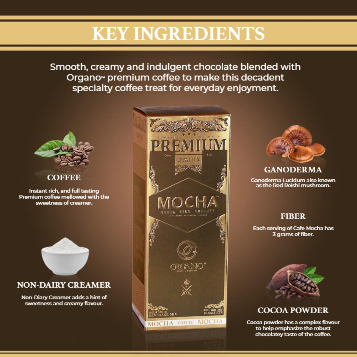 ORGANO Gourmet Cafe Mocha cup steaming with rich mocha aroma